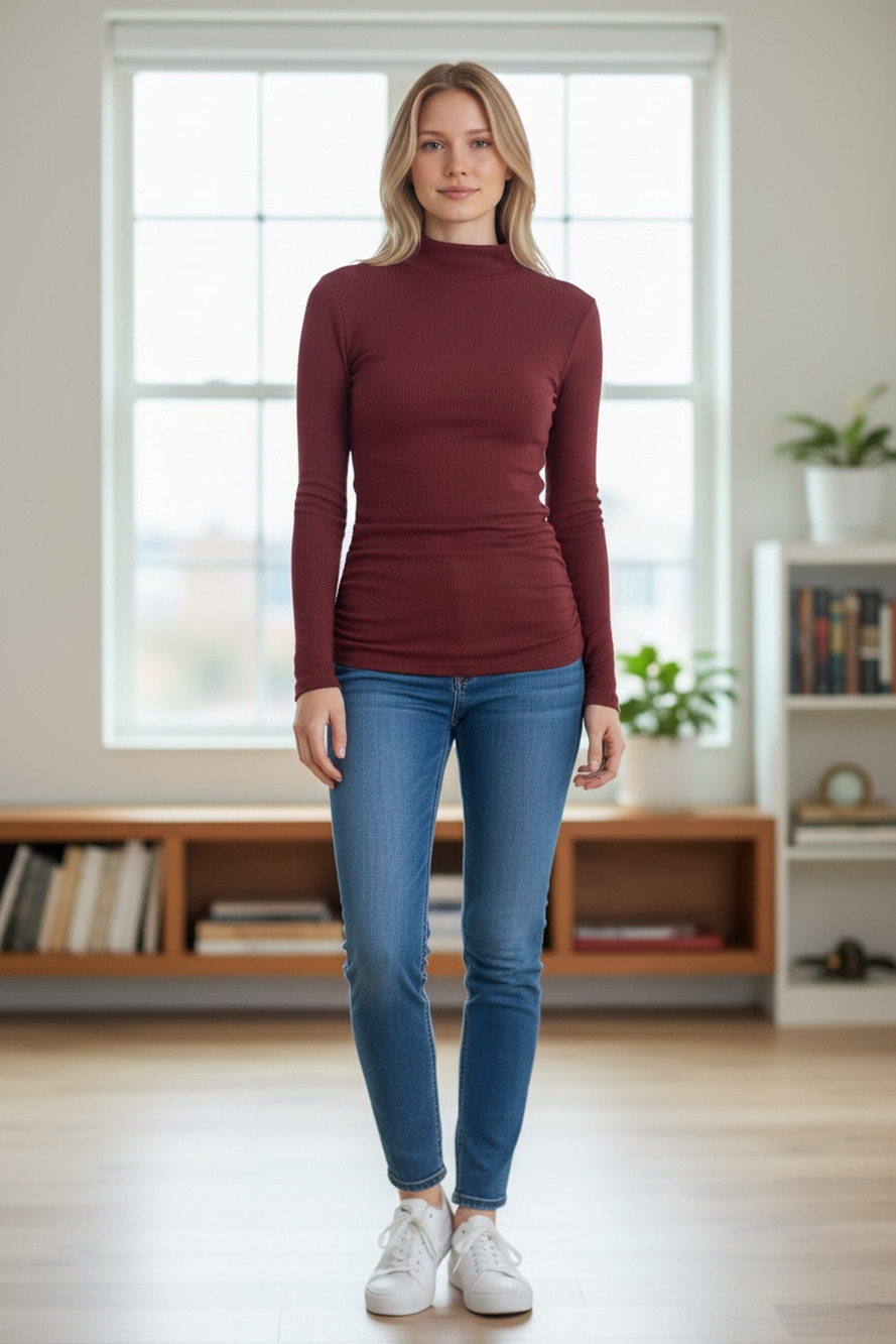 OGL Top Size S NEW ProWarm Thermal Ruched Sides Tuckable Mockneck Maroon Red